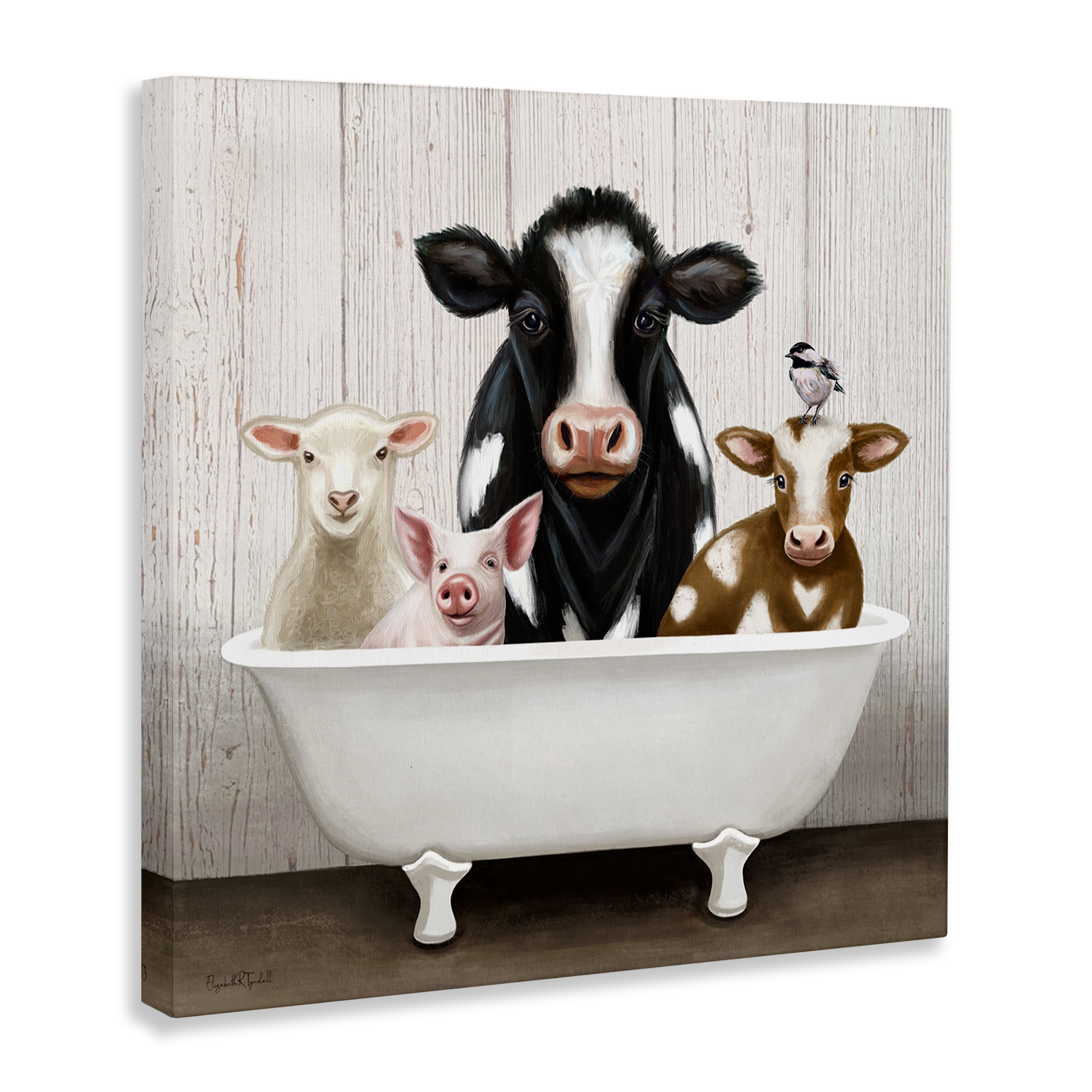 Country Animals Farmhouse Claw Bathtub Canvas Art, 24 x 24