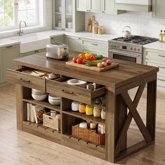 Fnova 55" Kitchen Island with Storage and Leg Room, Farmhouse Stationary Island Table with 2 Drawers & Open Shelves, Brown