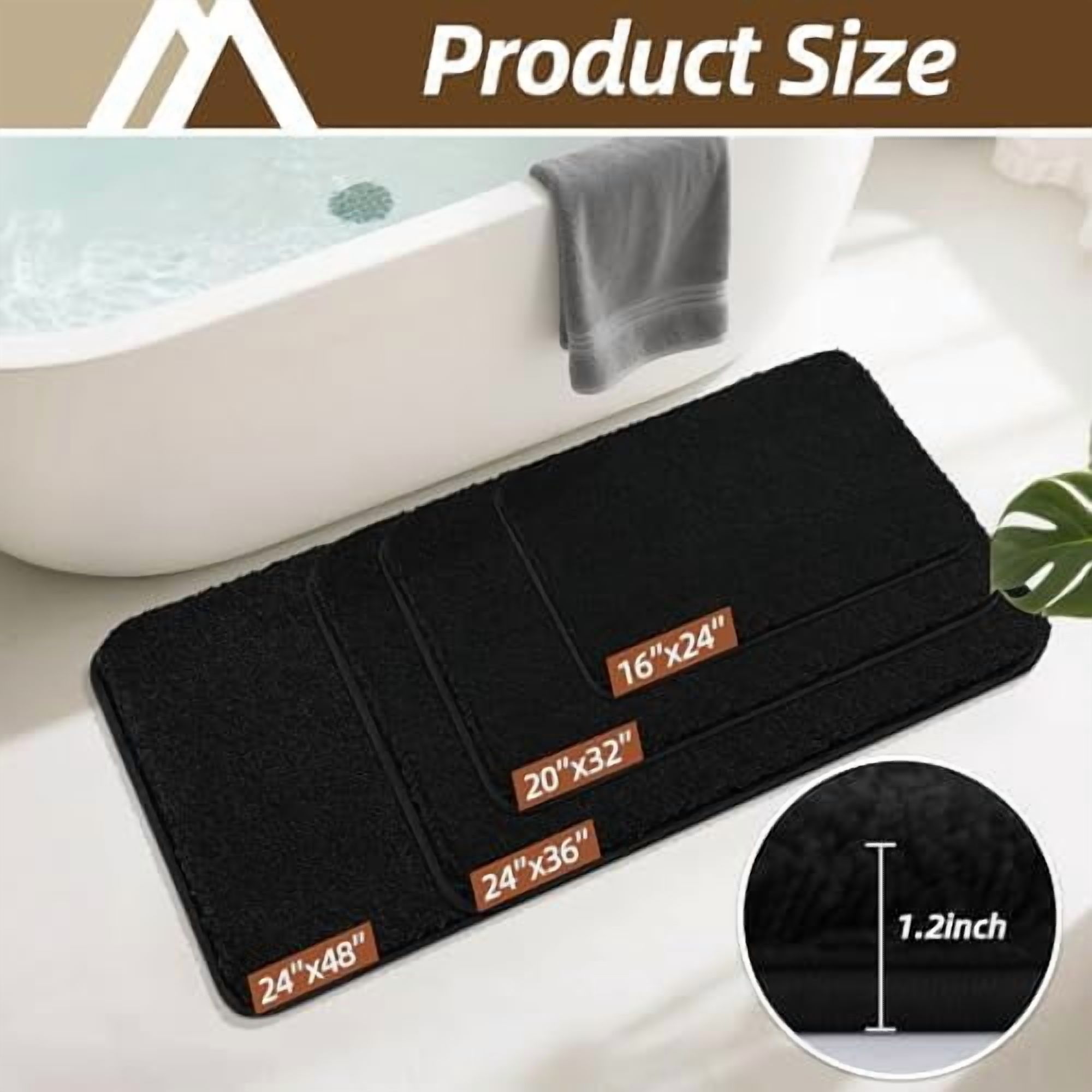 Bathroom Rugs Mat 16”x24” Absorbent Non-Slip Bath Mat Plush Shaggy Machine Washable Bath Rugs Soft Polyester Bath Mats for Bathroom Floor,Tub and Shower,Black