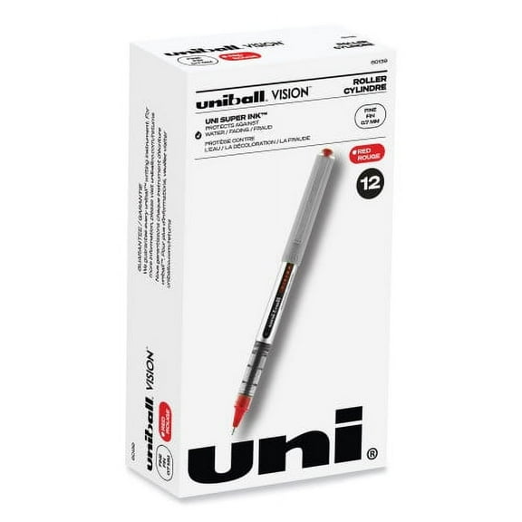 uni-ball VISION Roller Ball Pen, Stick, Fine 0.7 mm, Red Ink, Silver/Red/Clear Barrel, Dozen, Each