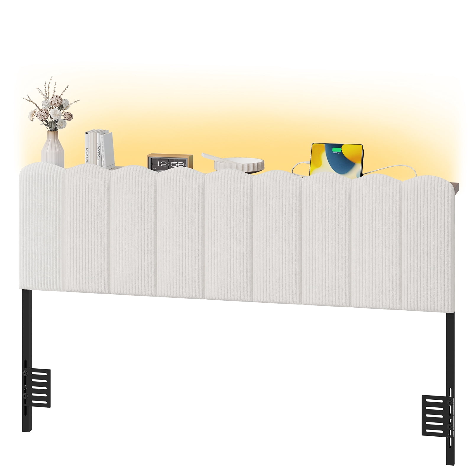 Pinmoco Queen Upholstered Headboard with Storage, LED Lights and Charging Station, Beige Striped Corduroy, Height Adjustable, Easy Assembly
