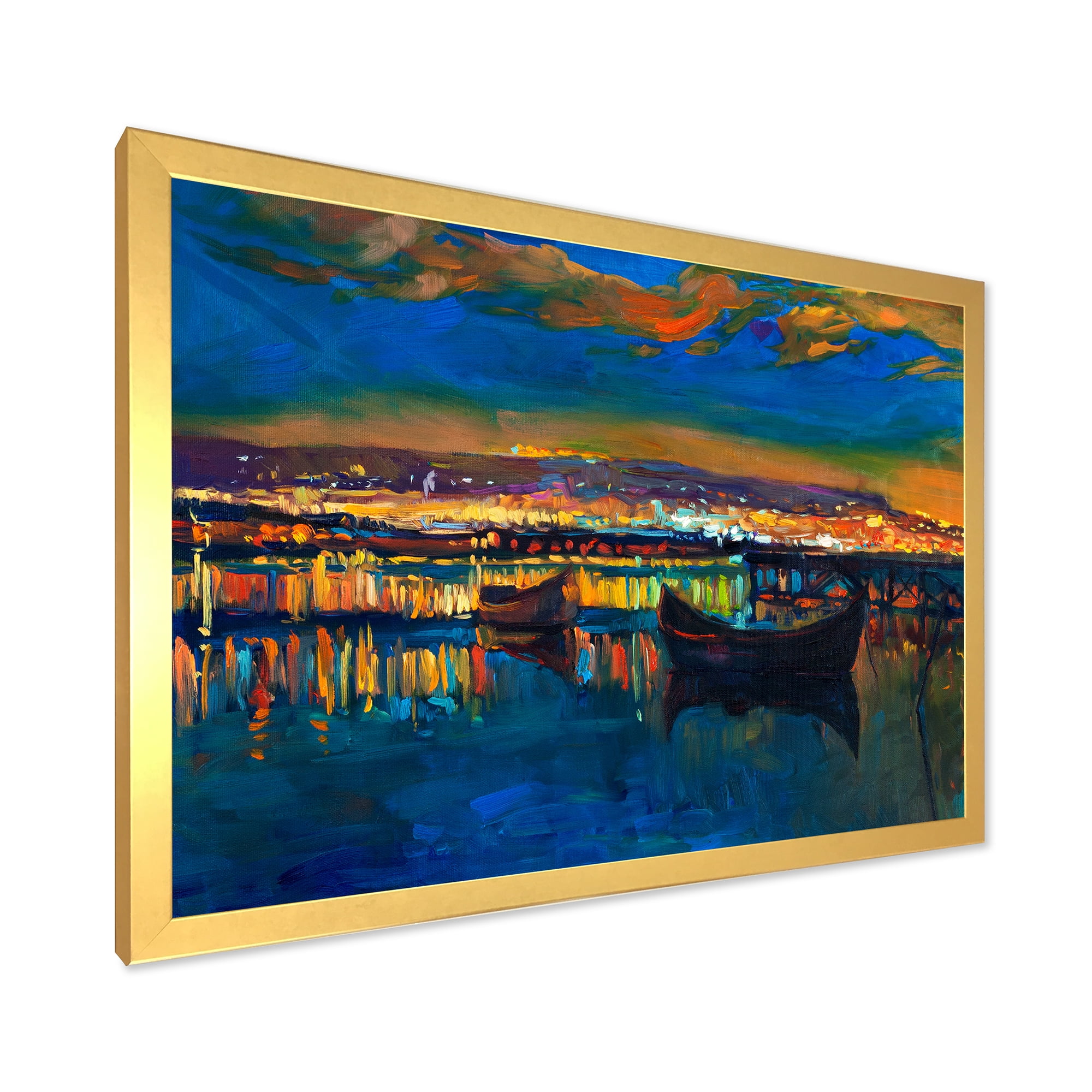 Designart 'Two Little Boats In The VIllage Harbor Ar Night' Nautical & Coastal Framed Art Print