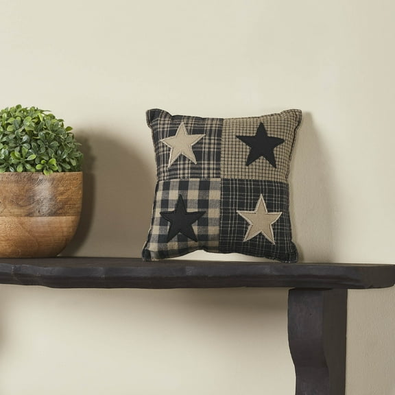 VHC Brands Black Check Star Pillow 6x6, Cotton Pillow With Polyester Pillow Fill, Decorative Throw Pillow, Black Check Star Collection, Square 6x6, Country Black