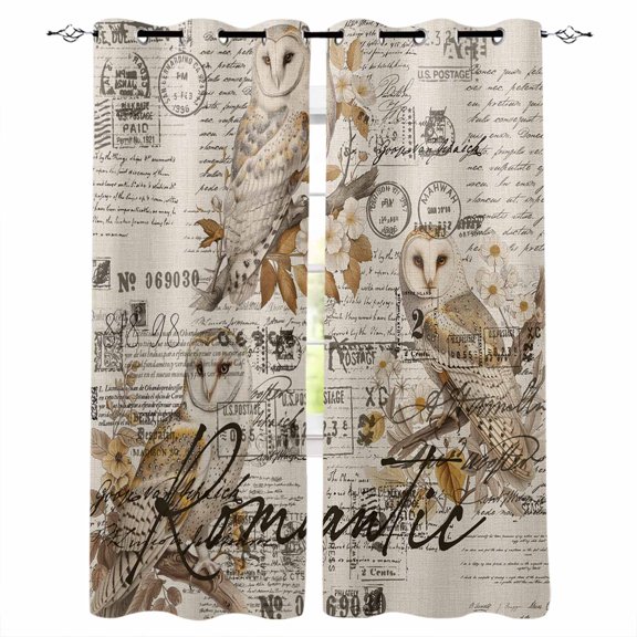 Vintage Owl Blackout Curtains for Bedroom/Living Room, Thermal Insulated Kitchen Curtains, Farmhouse Sping Floral Botanical Postmark Grommet Darkening Window Treatment Drapes 42"x84"x2