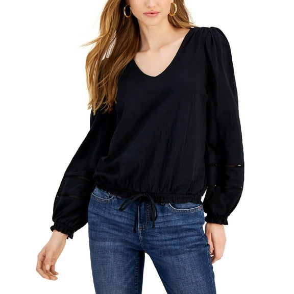 INC International Concepts Blouson Sleeve Tie Waist Cotton Top Deep Black L