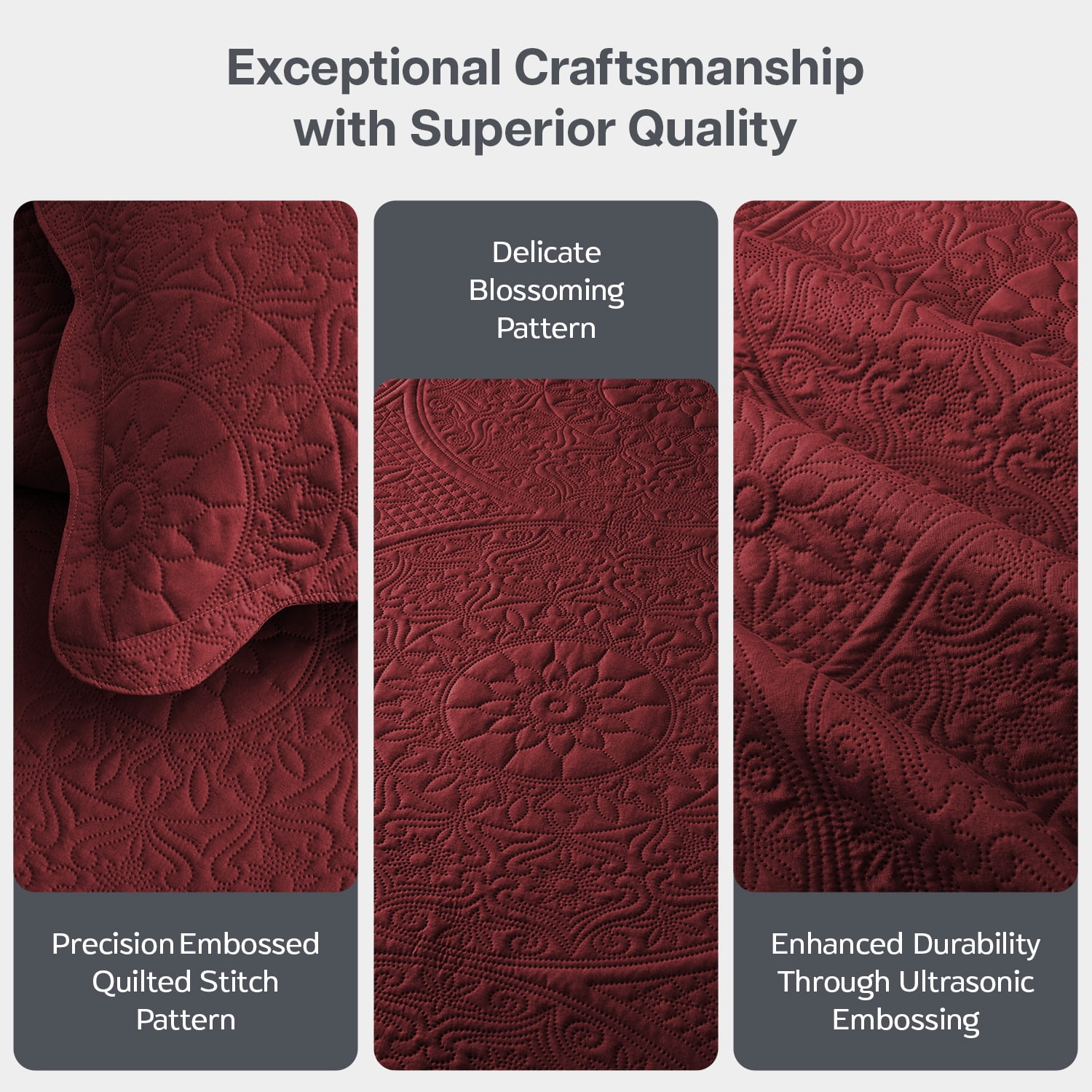 Moonlight20015 3 Piece Quilt Set Ultrasonic Lightweight Microfiber Floral Pattern Burgundy Queen