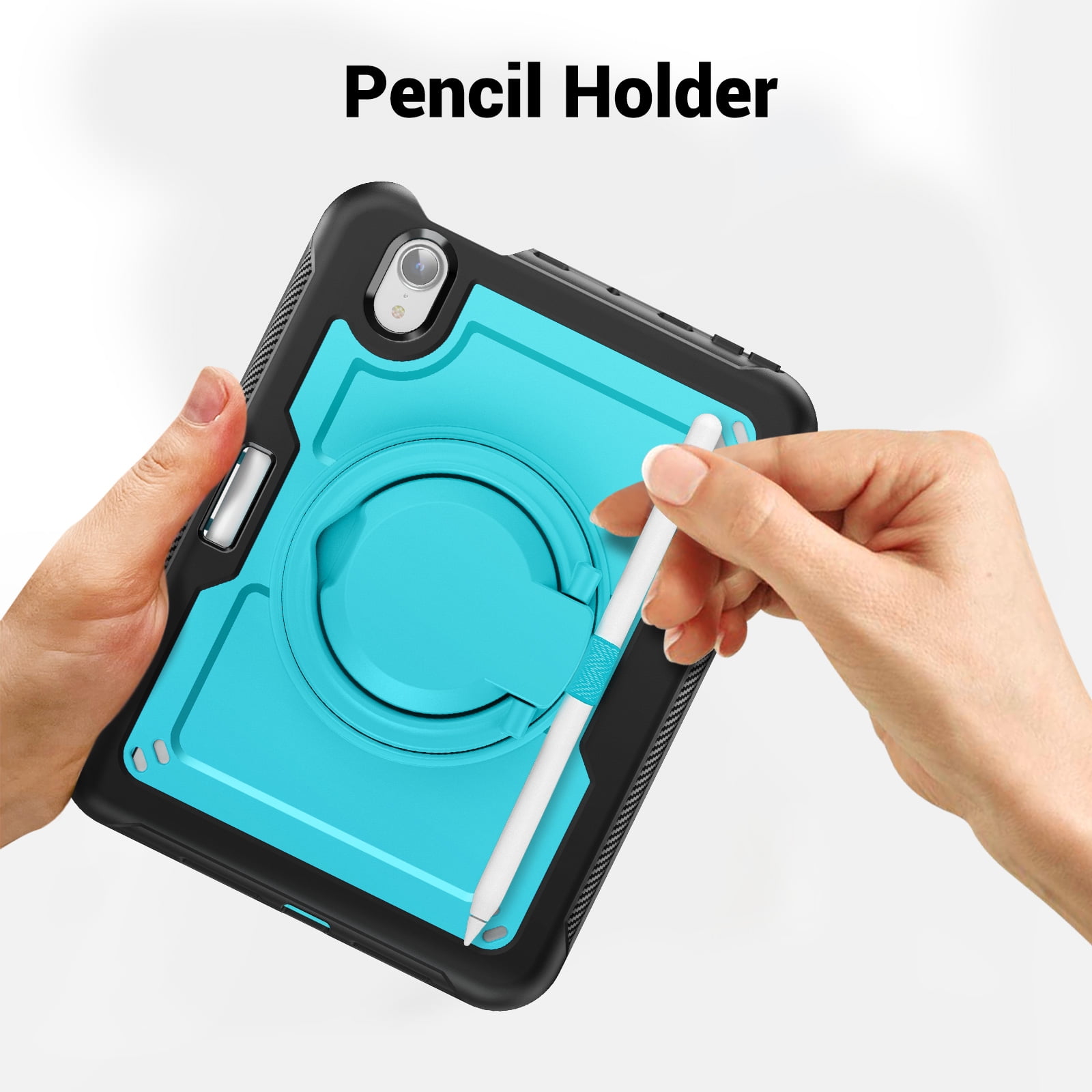 Shockproof Case for Apple iPad Mini 6th 7th Generation 8.3 Inch, Rugged Hybrid Protective Cover with Pencil Holder & Shoulder Strap Kids Friendly Rotating Kickstand Case for iPad Mini 6 7,Lightblue