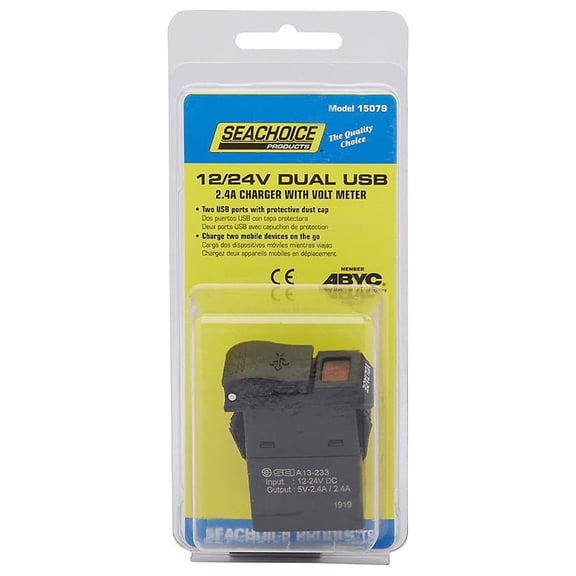 Seachoice 15079 Dual Socket USB with Voltmeter, 2.4A, 9V-33V DC