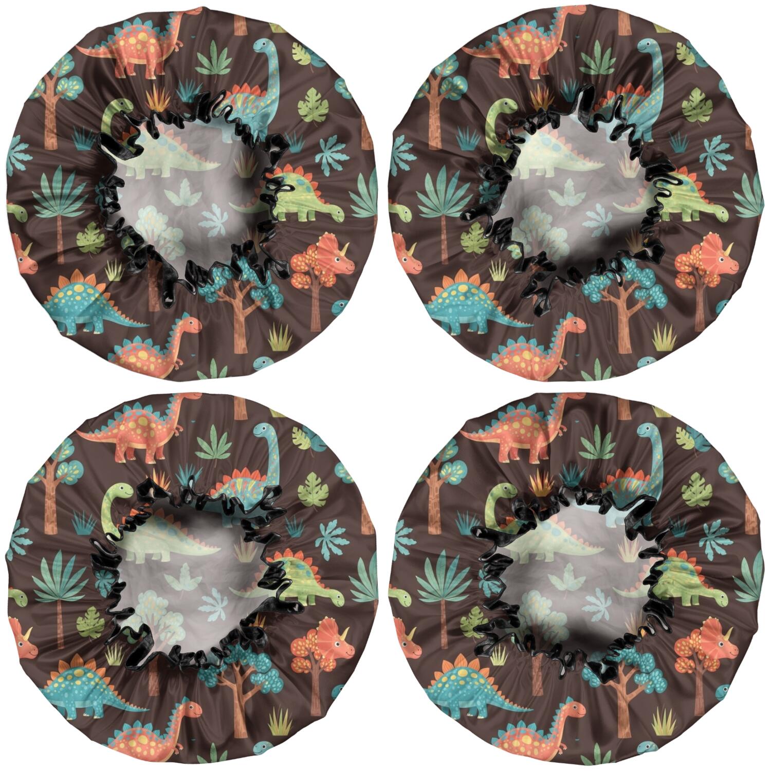Shower Caps,DarkBrown Cartoon Dinosaurs Forest Pattern Waterproof Shower Cap for Women 4 Pieces,Double Reusable Hair Cover for Shower PEVA Elastic Stretch Hem