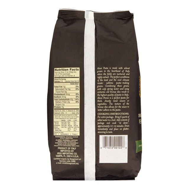 Alessi Organic Penne Pasta, 16 oz. Shelf-Stable