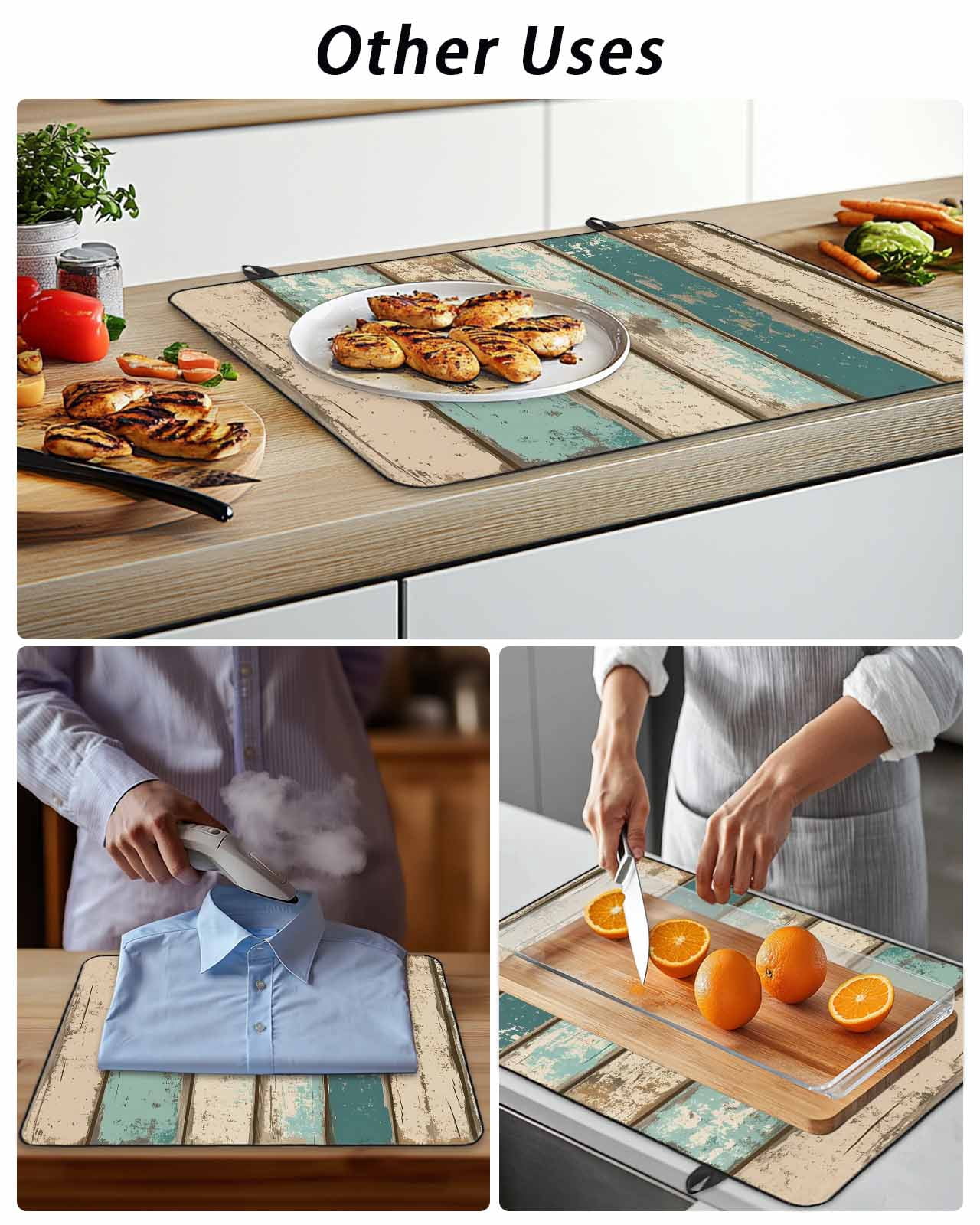 Stove Top Covers for Electric Stove, Farmhouse Teal Brown Glass Stovetop Cover Protector, Vintage Retro Ombre Wooden Induction Cooktop Protector Oven Mat for Kitchen Countertop 24"x21"