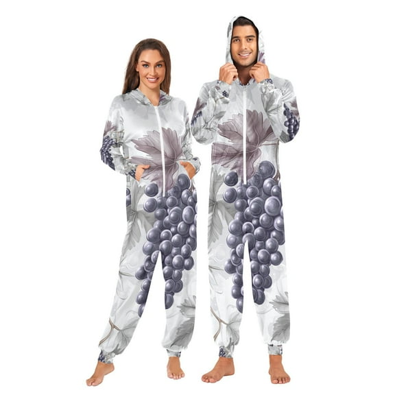 Purple Grapes Leaves Adult Onesie Pajamas Slim Fit Christmas One Piece Suit Pjs for Women and Men Hooded Zipper