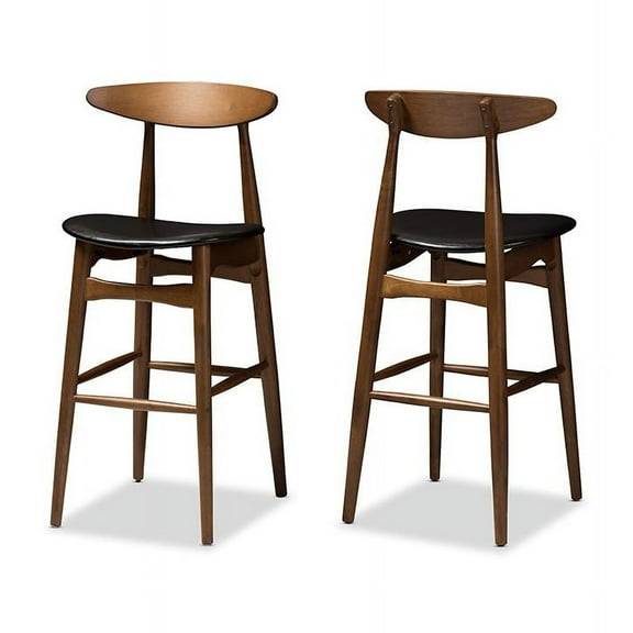 Set of 2 Baxton Studio Flora Mid-Century Modern Black Faux Leather Upholstered Walnut Finished Bar Stool