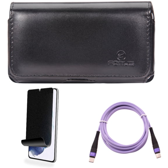 For Samsung Galaxy S21 (6.2") - [Fingerprint Works] TPU Film Privacy Screen Protector   Fast Charger Cord Type-C to USB-C Purple 10ft PD Cable   Swivel Leather Case Belt Clip