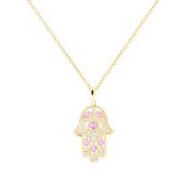 Dazzlingrock Collection Round & Marquise Pink Sapphire & Round White Diamond Hamsa Hand of Fatima Pendant for Women with Gold Chain (0.09 ctw, Color I-J, Clarity I1-I2) in 14K Yellow Gold