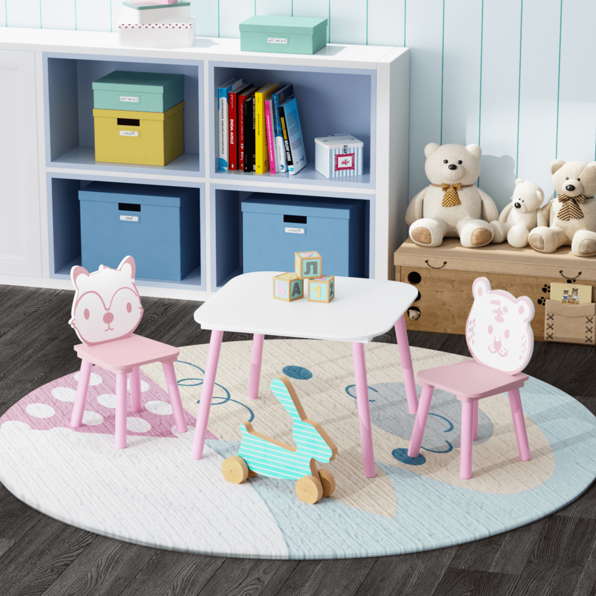 3 Piece Pink&White Wooden Kids Table and Chair Set   Animal Backrest Toddler Desk for Drawing  Learning  Playroom & Nursery