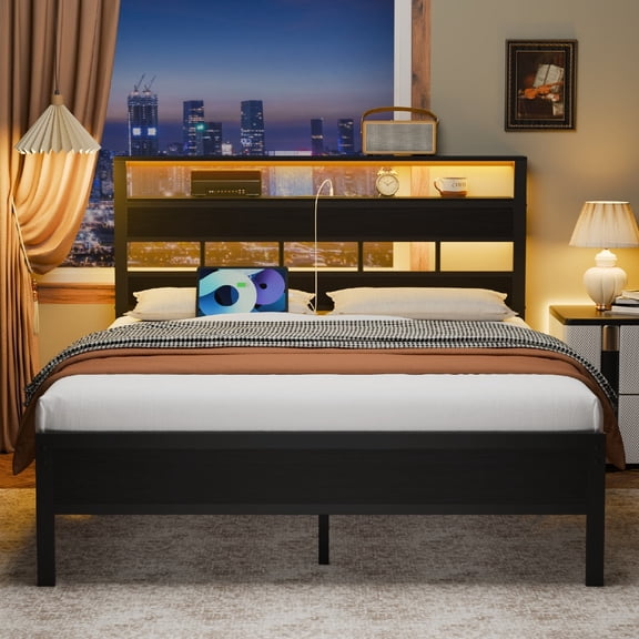 Dyzmo Full Size Bed Frame with Headboard, LED Platform Bed with Built in Charging Station, Noise-Free, Metal Support Base, No Box Spring Needed, Black