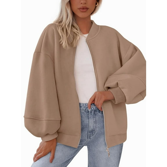 Women'S Fall Fashion Oversized Sweatshirt Jackets with Zipper Casual Long Sleeve Outerwear Winter Outfits Khaki L