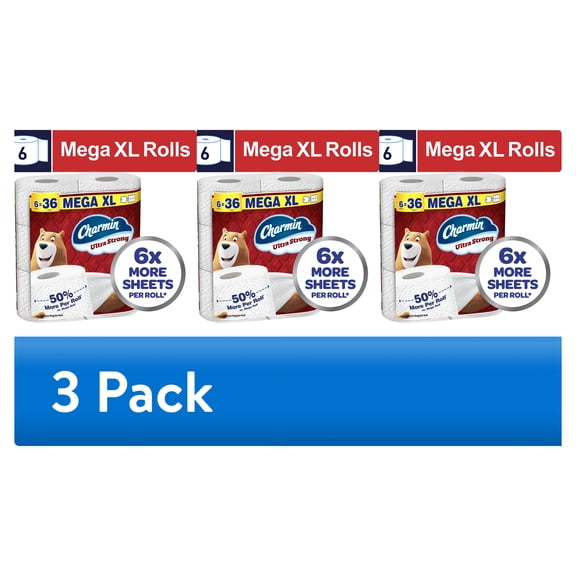 (3 pack) Charmin Ultra Strong Toilet Paper 6 Mega XL Rolls, 330 Sheets Per Roll