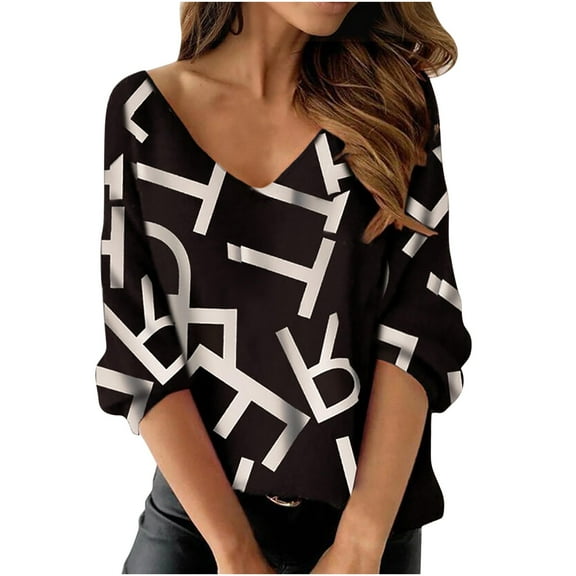 IROINNID Womens Long Sleeve V-Neck Shirts Print Blouse Pullover Tunic Tops Shirt,black and white