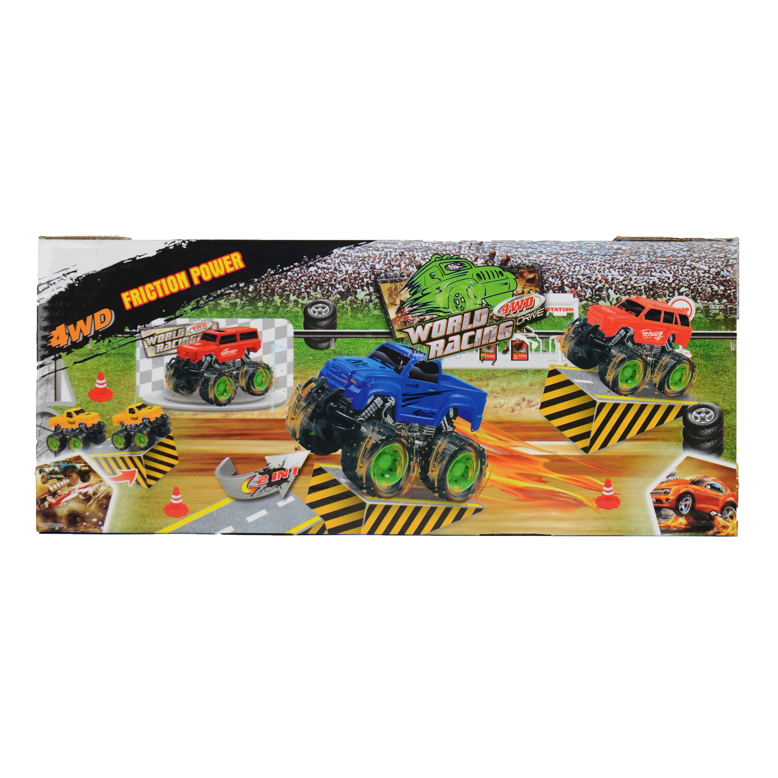 Set of 2 4WD Friction Power Monster Trucks with 360° Backflip Ramp – Push & Go Travel-Size Off-Road Toy Cars for Kids, Indoor & Outdoor Stunt Play