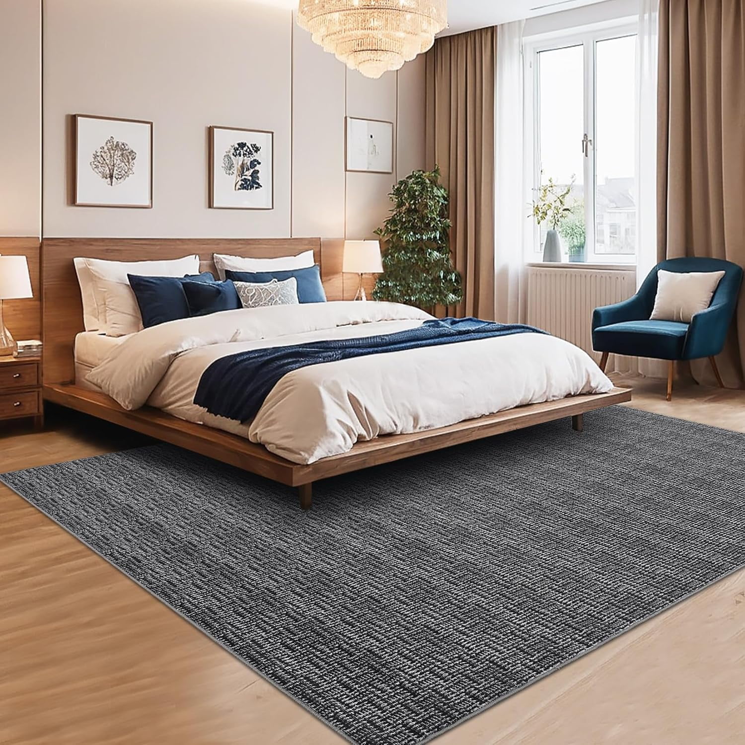 Tzou Washable Area Rugs 5x7 for Living Room, Low Pile Braid Print Indoor Carpet with Non-Slip Backing for Bedroom Dining Room(Black)