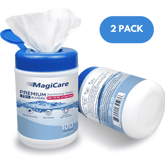 MagiCare Hand Sanitizer Wipes, Unscented, 75% Alcohol, Large Wipes - 2 Canisters (100ct Each, 200ct) - Home, Travel, Classroom, Camping