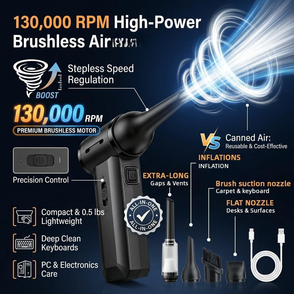 Duster - 130000 RPM Super Power Electric Air Duster, Rechargeable Cordless Air Blower with Stepless Speed Adjustable for , Keyboard, , , Office