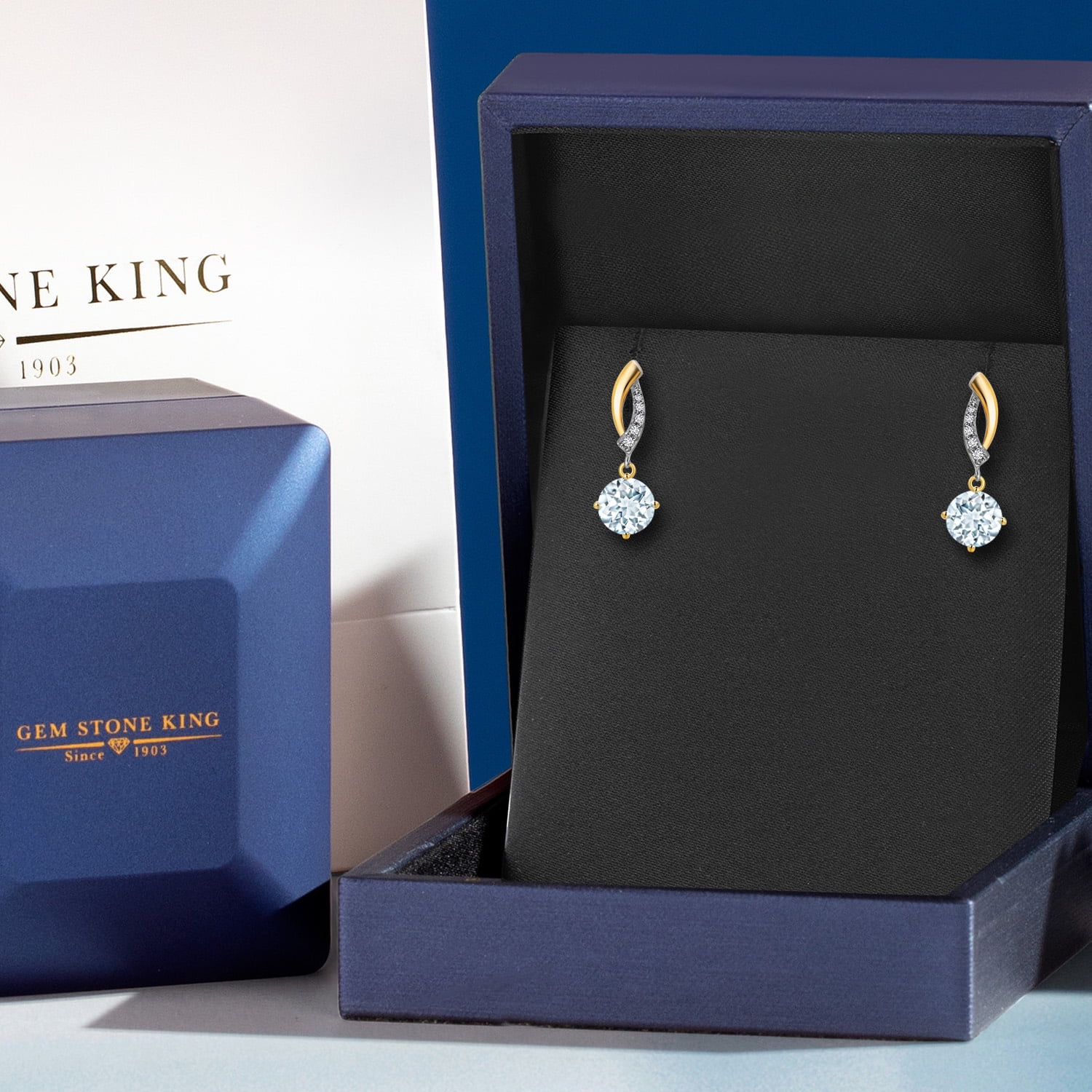 Gem Stone King 925 Silver and 10K Yellow Gold Sky Blue Aquamarine and White Lab Grown Diamond Dangle Earrings for Women | 1.55 Cttw | Gemstone March Birthstone | Round 6MM