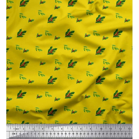 Soimoi Yellow Velvet Fabric Red Berries & Holly Leaves Decor Fabric Printed Yard 58 Inch Wide