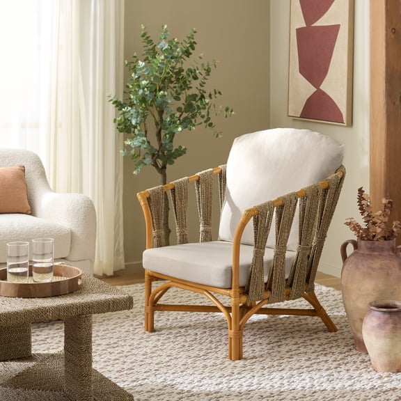 Safavieh Donatello Modern Rattan and Fabric Dining Arm Chairs, Natural/White