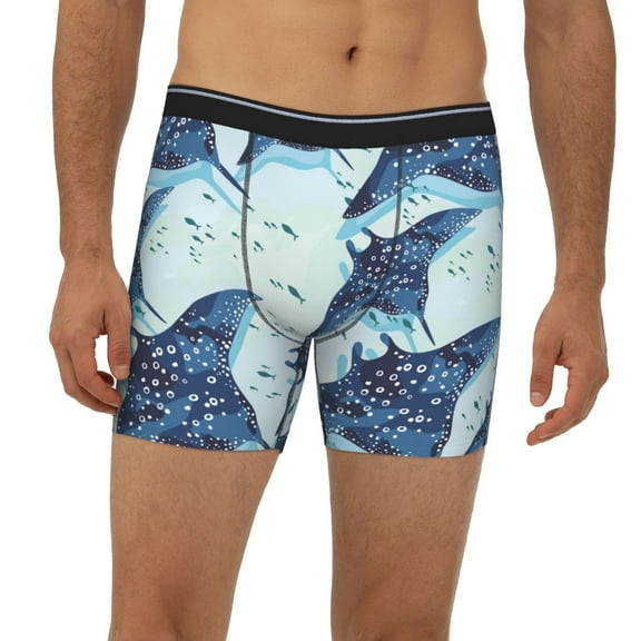 Mens Extended Length Boxer Briefs - Stingray Fish Cool Blue Underwear Boxer Briefs with Elastic Band