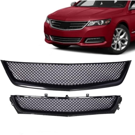 Front Upper & Lower Grill Carbon Fiber Look Compatible with Chevy Impala 2014 2015 2016 2017 2018 2019 2020 Hood Bumper Grille Mesh Style 2pcs