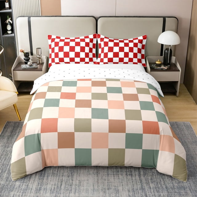Erosebridal Housse de Couette à Carreaux Colorés 100 % Coton Format Grand, Housse de Couette Géométrique de Rêve 100 % Coton Grand, Déco Vichy, Réversible 3 Pcs (Sans Couette)