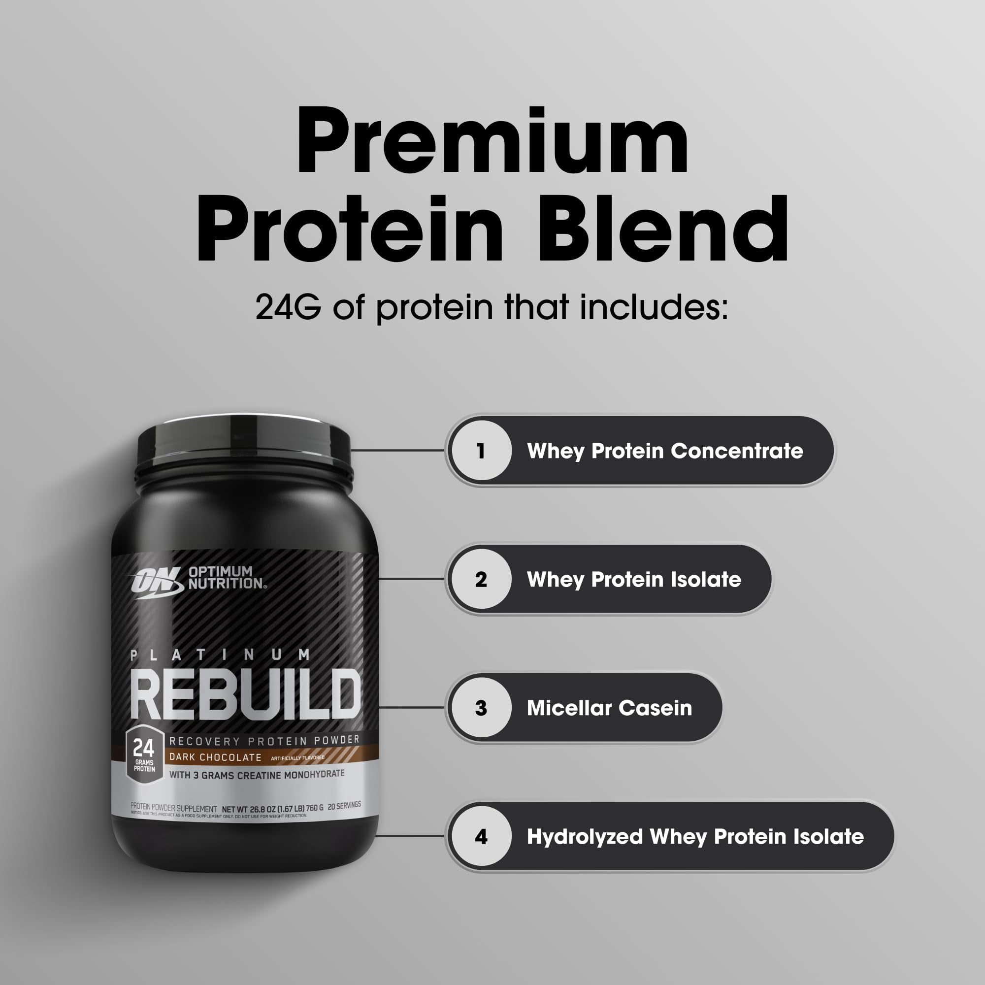 Optimum Nutrition Platinum Rebuild, Platinum Blend Protein Powder with Creatine Monohydrate, Dark Chocolate, 20 Servings