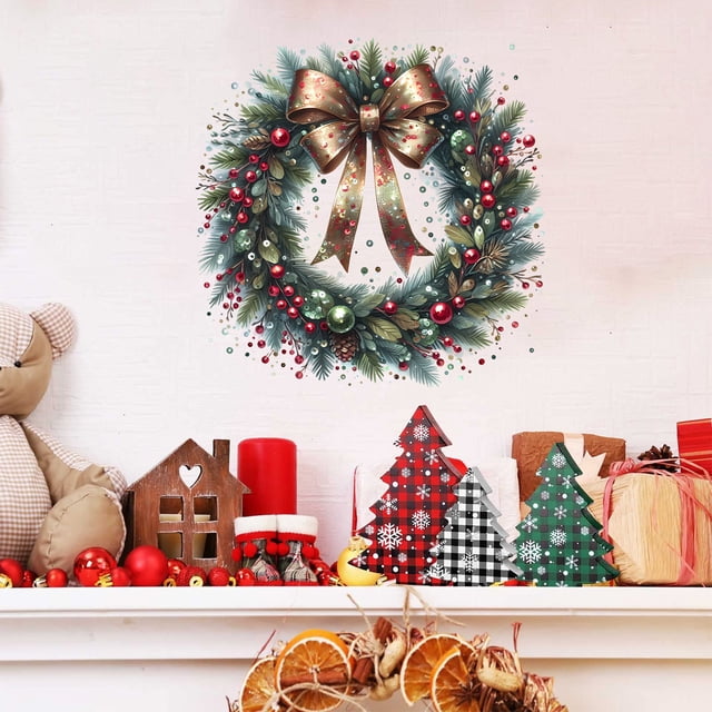 Pegatinas navideñas para ventanas y puertas: adhesivos navideños reutilizables de PVC con ramas de pino, lazos y coronas para la decoración de paredes y cristales.