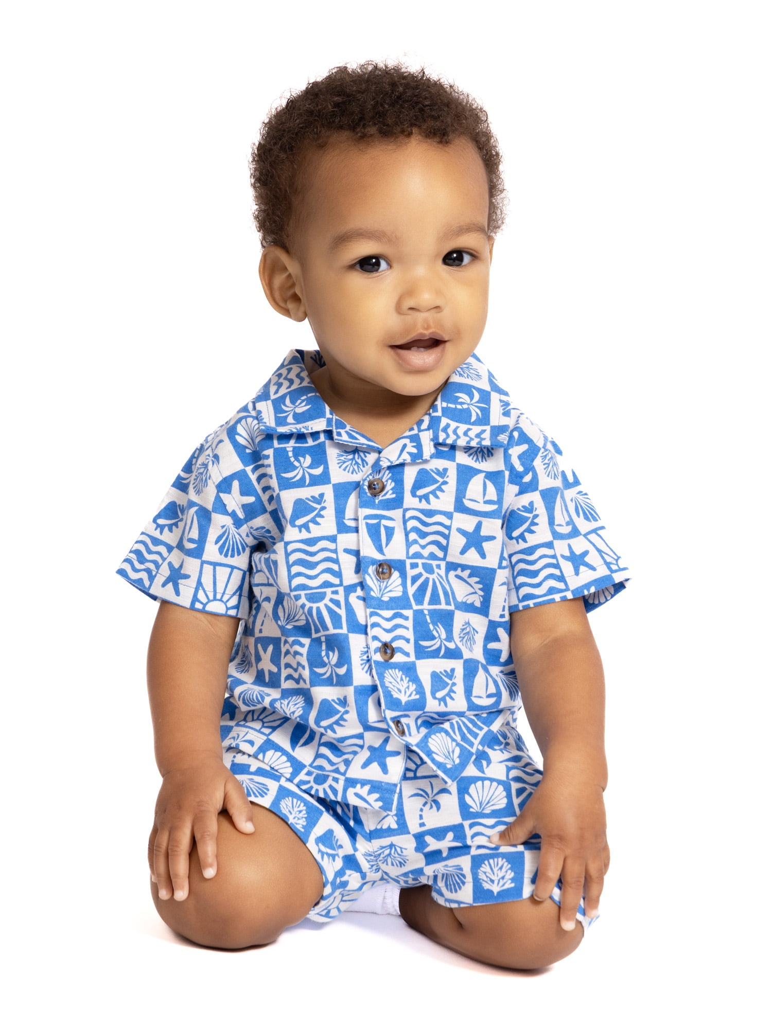 Wonder Nation Baby Boys Short Sleeve Printed Collared Button Top and Matching Shorts Set, Sizes 0/2M-24M