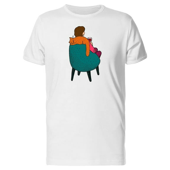 Woman In Couch With Wine & Cat Tee Men's -Image by Shutterstock