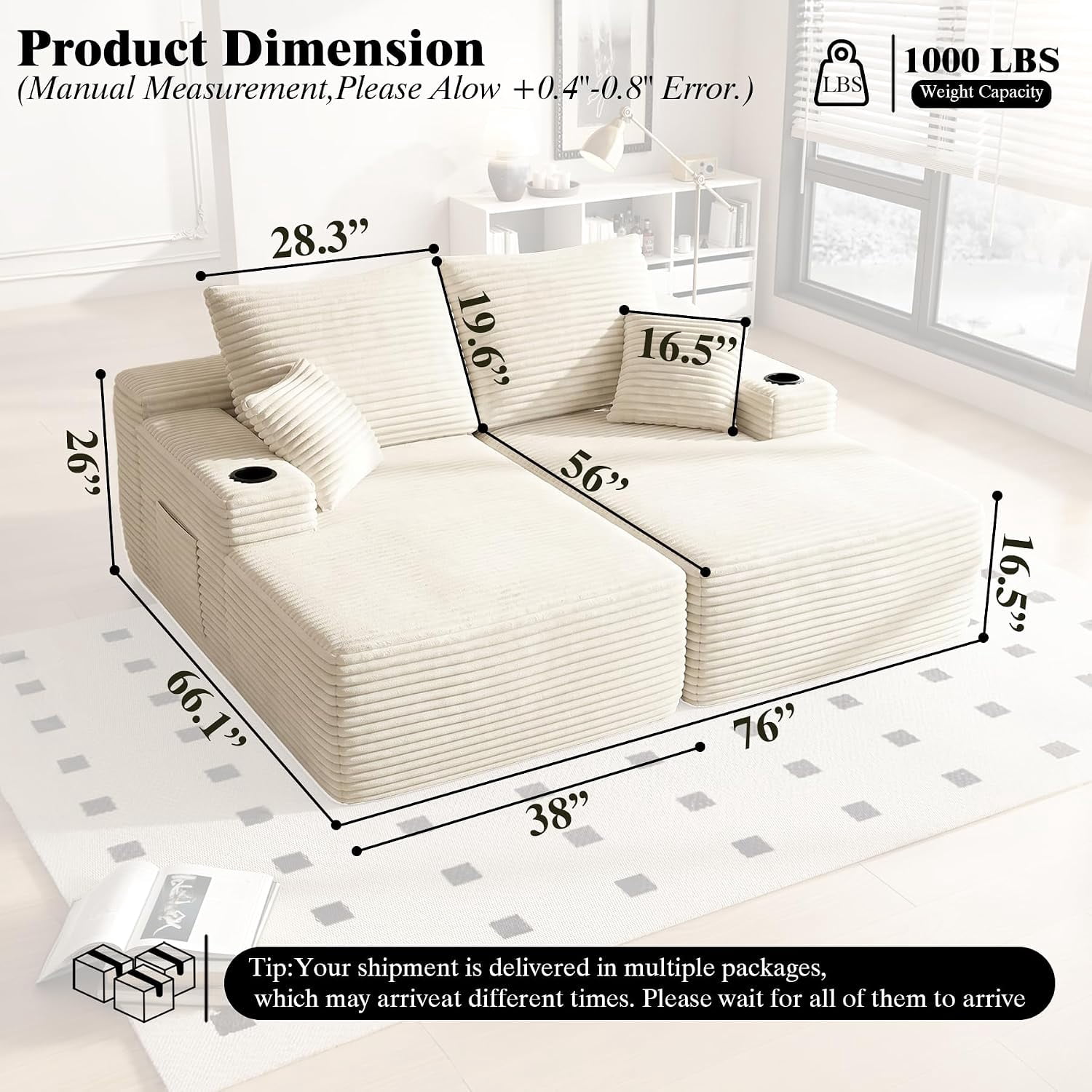 76 Inch Deep Seat 2-Seater Recliner Sofa Bed with Cup Holders, No Assembly Needed, Beige