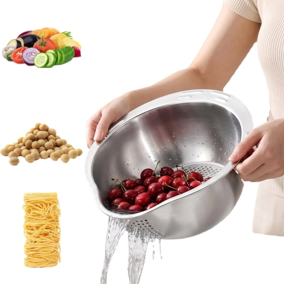Rice Washer Strainer Bowl - 4-in-1 Washing Bowl for Quinoa, Stainless Steel Rinser With Side Drainers Small Colander for Cleaning Fruits, Vegetables, and Beans - Versatile Kitchen Tool