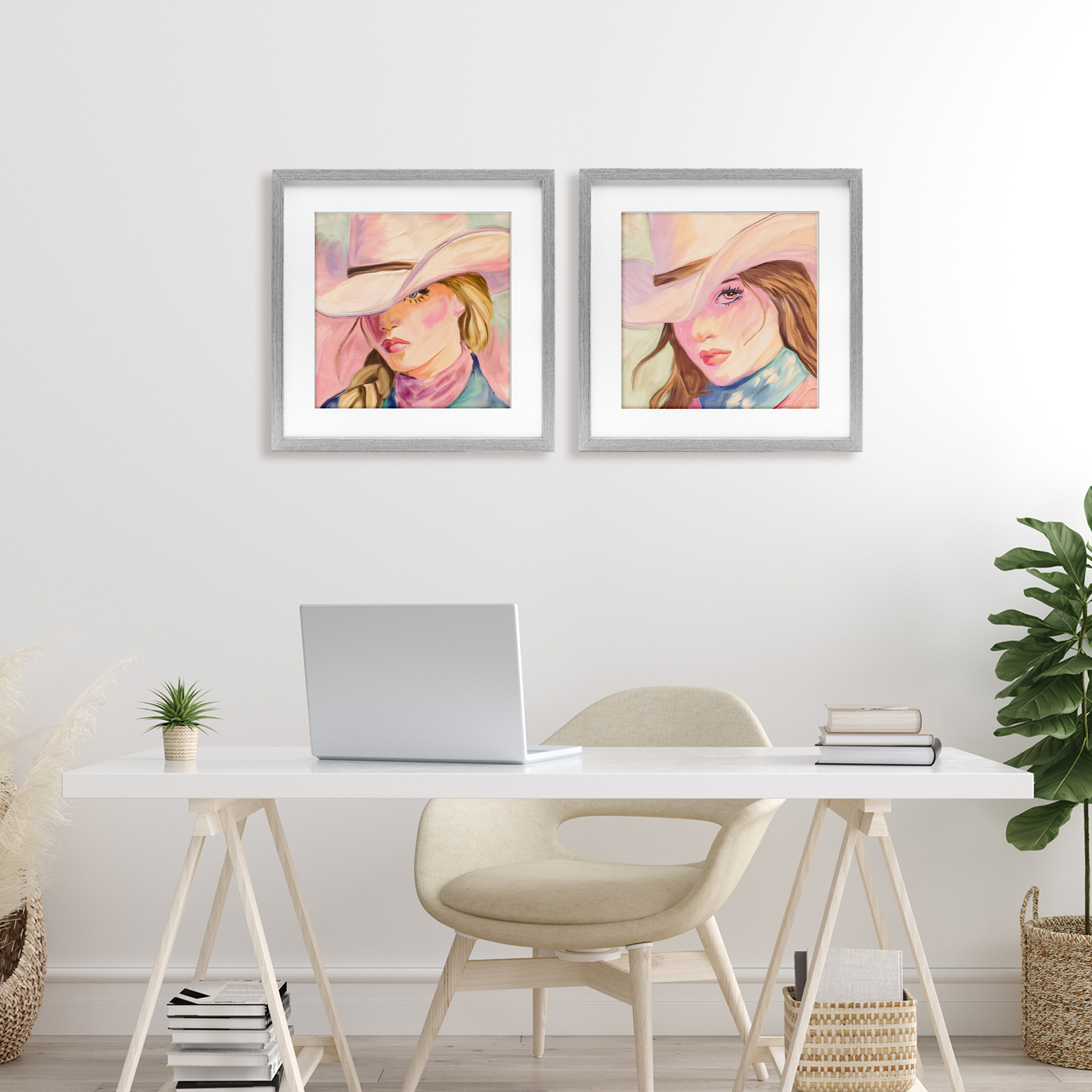 Pastel Cowgirls Gazing 2 Piece Gray Framed Print Under Glass Set, design by Kim Allen