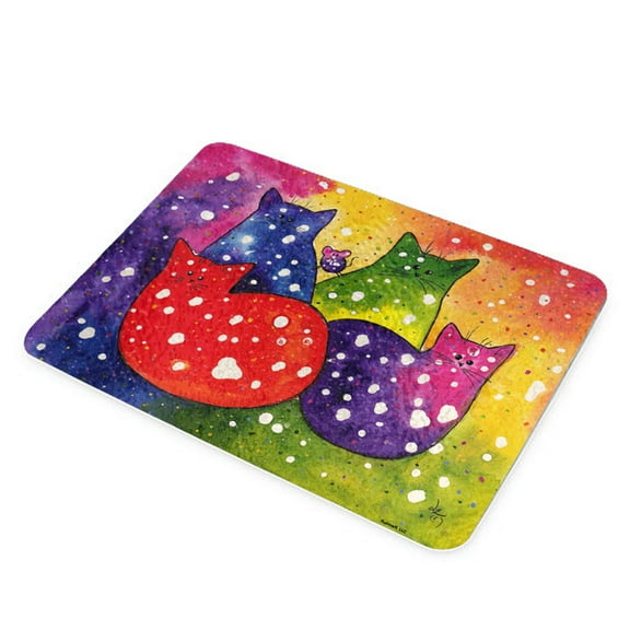 KuzmarK Glass Cutting Board - Fiesta Polka-Dot Kitties and Mouse Cat Abstract Art by Denise Every