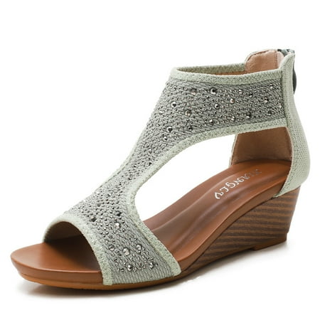 

Womens Wedge Sandals Casual Bohemian Summer Shoes Vacation Platform Rhinestone Cutout Back Zipper Round Toe Boho Wedge Sandals