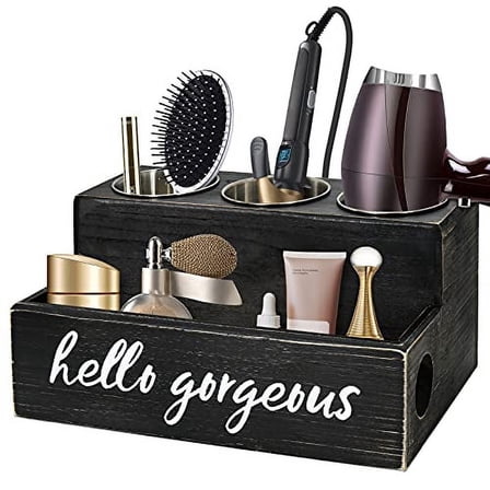 Unistyle Rustic Hair Dryer Holder Hair Tools and Styling Supplies Organizer Wooden Storage for Vanity and Bathroom Rustic Elegant Design Vanity Caddy for Accessories, Makeup, Toiletries (Black)