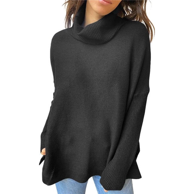 Suéteres de Cuello Alto de Gran Tamaño para Mujer, Larga de Murciélago, Dobladillo Abierto, Túnica, Suéter de Punto, Tops Negro L