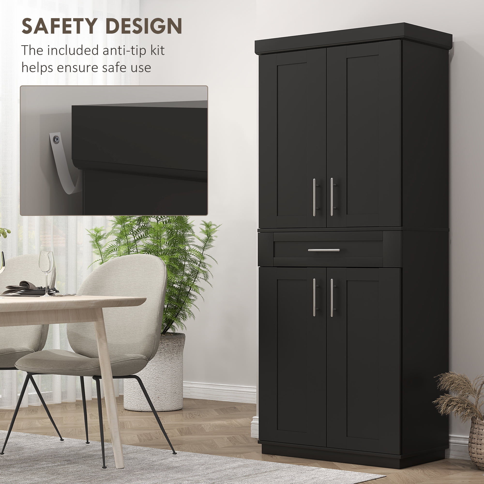HOMCOM Tall Kitchen Pantry Freestanding Cabinet Cupboard with Doors and Drawer, Adjustable Shelving, Black