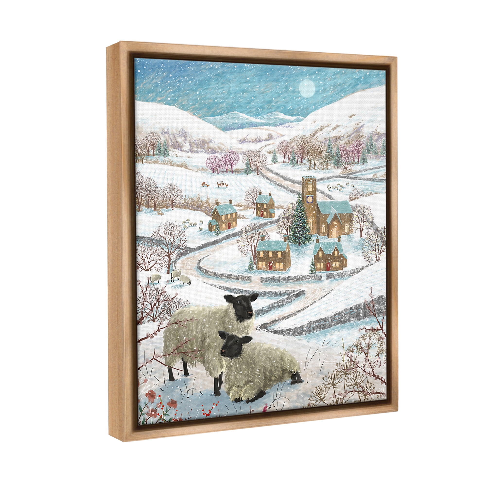 Stupell Industries Sheep on Wintery Hill Animals & Insects Painting Brown Floater Framed Canvas Art Print Wall Art, 17 x 21