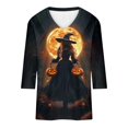 thumbnail image 3 of Women's Witch Graphic Shirts Full Moon Print V-Neck 3/4 Sleeve Tops Casual Halloween Pullover Blouses Lightweight Comfortable Tees for Autumn Festival Everyday Wear, 3 of 5