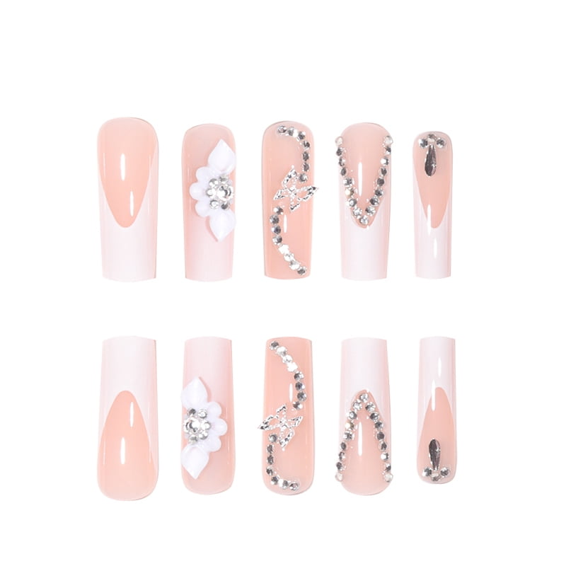 24 Long Coffins with French Patterns, Flowers, Butterfly Dots, Diamond Shiny Fake Nails, 1 Nail File, and 1 Piece of Jelly Glue