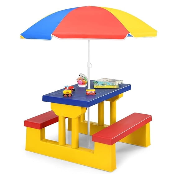 Kids Picnic Table, Outdoor Kids Table and Set w/Removable Umbrella, Plastic Children Patio Furniture, Toddler Picnic Tables for Backyard, Garden, , Gift for Boys Girls (Multicolor)